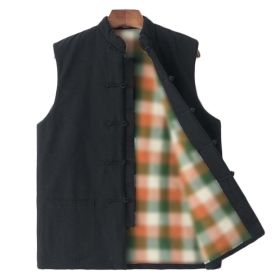 Chinese Style Autumn Winter Cotton Waistcoat Vest Men's Tang Costume Vest Outerwear Sleeveless Jacket; Black